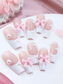 10pcs Cute Pink 3D Bowknot Handcraft Nail Tips, White Full Coverage French Press-On Fake Nails - White - View 2