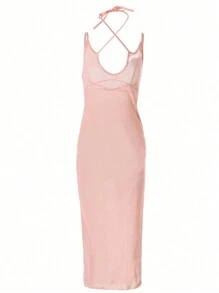 Women's Sexy Lingerie Dress, Pink Lightweight Sheer Mesh Side Split Maxi Dress, Deep U Neck Backless Halter Dress, Plunging Neckline, Lace Up Neck Sexy Nightgown - Pink - View 7