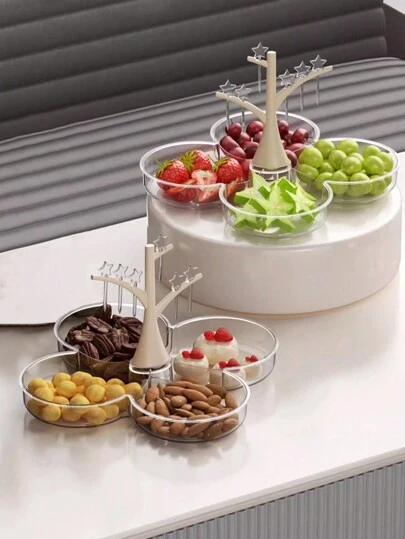 1pc/塑料水果盘，厨房透明多隔间水果盘，带星叉的餐盘，家庭小吃盘，适用于坚果、糖果、零食、水果、饼干、沙拉等各种小吃，适合用作节日聚会、家庭聚会、家居装饰、房间装饰。，神奇装饰品，节日配件，节日礼物