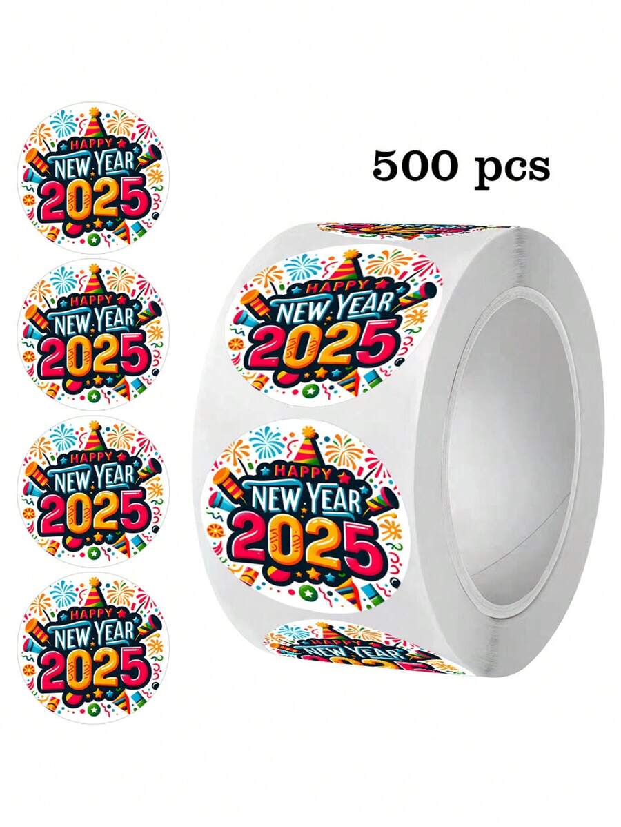 500 张/卷 2025 新年快乐涂鸦风格自粘贴纸，烟花派对气氛庆祝蛇年新年寒假圆形贴纸标签，礼品 DIY 装饰包装卡片信封密封派对用品，防水 PVC 贴纸 - 彩色 - 查看 1