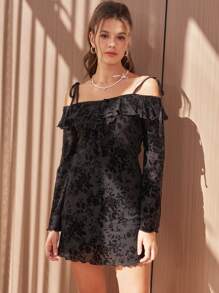 Women's Jacquard Flocked Long Sleeve Dress, Elegant Ball Gown, Long Sleeve Flowing Dress