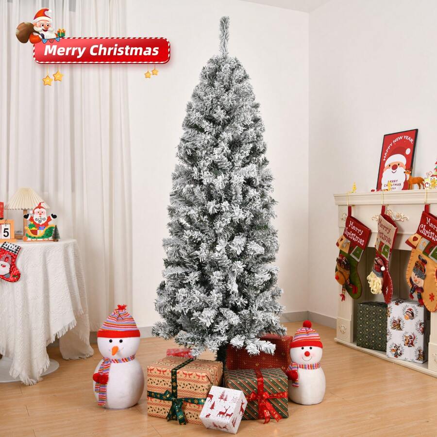6ft Snow Flocked Pencil Christmas Tree With 320 Branch Tips And Metal ...