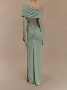 WOWDARK Women's Off Shoulder Waist Sheer Pleat Pointed Sleeve Party Dress, Autumn,Cocktail - Green - View 5