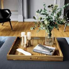 Hanobe Square Large Ottoman Tray: Extra Large Serving Tray With Handles Rustic Wood Decorative Coffee Table Trays Farmhouse Home Decor For Living Room Kitchen Counter 55 X 55 Cm - Burnt Wood1-55 X 55 X 5.6 cm - View 3