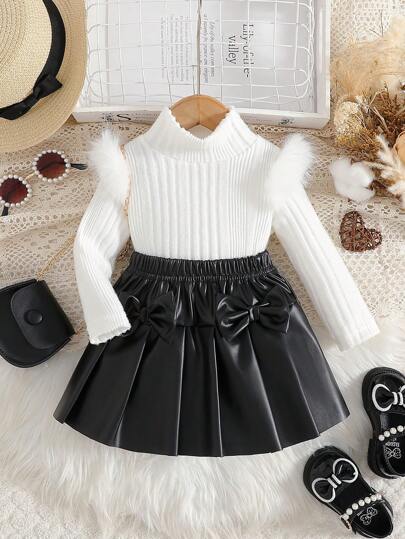 Baby Girl 2-delat set: långärmad T-shirt med turtleneck och veckad kjol med rosetter, lämplig för utflykter