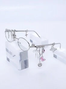 1pc Oval Shaped Metal Fashion Glasses, Luxurious Rhinestone Inlaid Butterfly Heart Star Pendant, Y2K Personalized Versatile Street Photography Women's Fashion Glasses - Multicolor - View 11