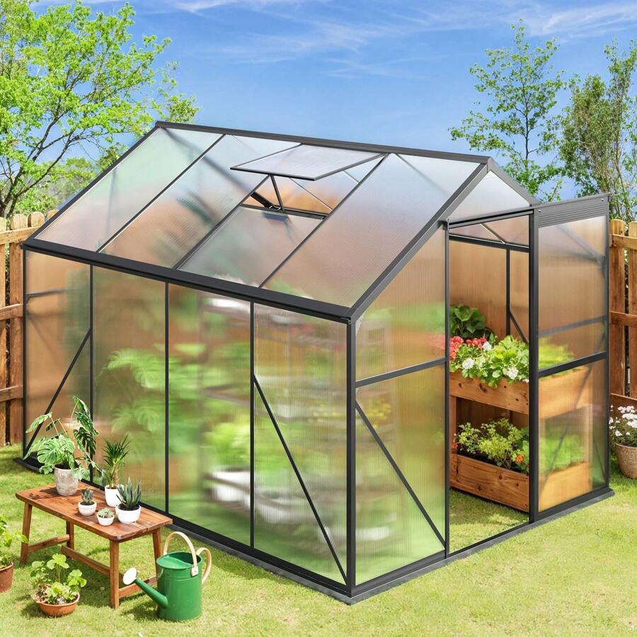 8x6 FT Outdoor Greenhouse, Quick Setup Polycarbonate Greenhouse With Adjustable Roof Vent And Sliding Door, Aluminum Walk-In Greenhouse For Outside Backyard Gardening, Valentine's Day Ideas