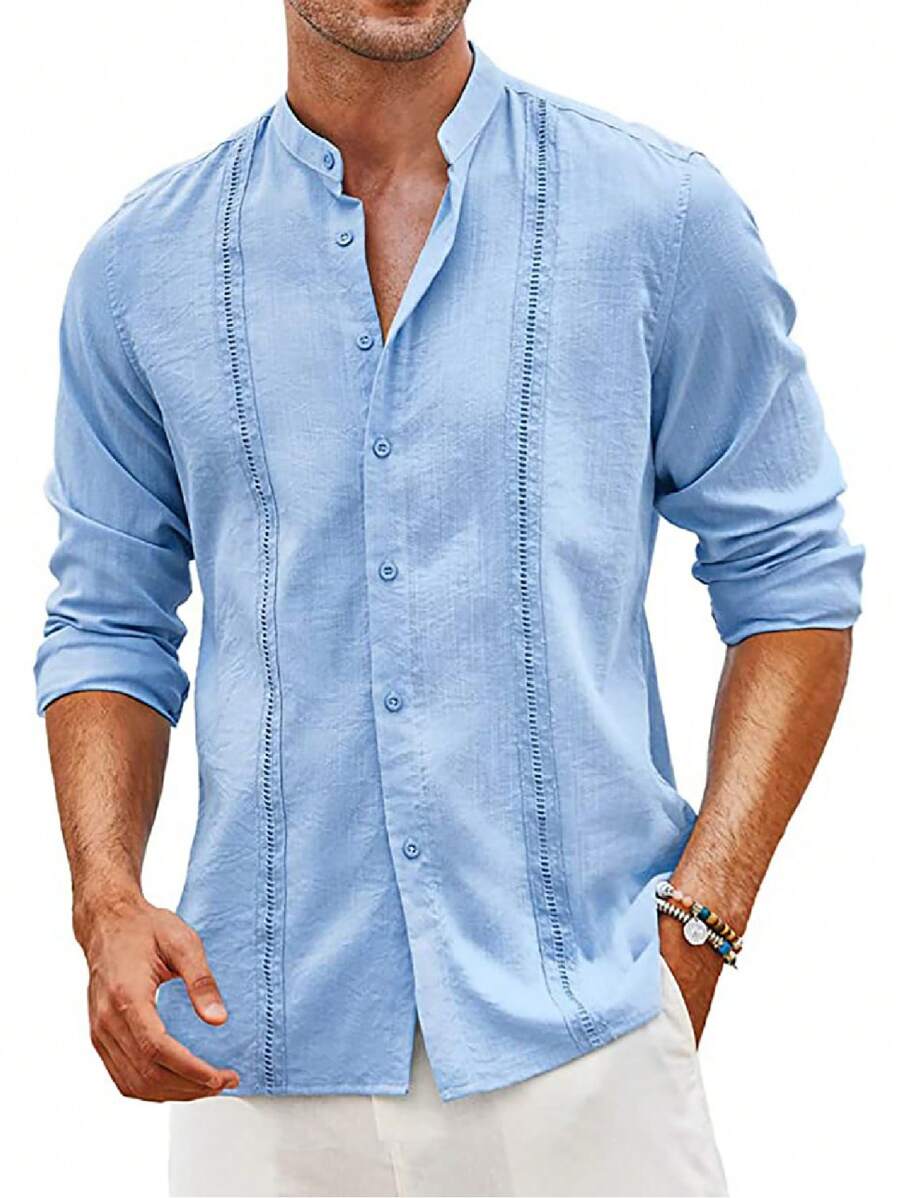 Camisas Casual Playa De Guayabera Cubana Para Hombre - Celeste - Ver 1