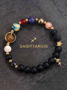 12 星座手链 - 白羊座、金牛座、双子座、巨蟹座、狮子座、处女座、天秤座、天蝎座、射手座、摩羯座、水瓶座、双鱼座、女士/男士礼物、虎眼石串珠手链、友谊礼物、创意星球手链、圣诞节、新年、情人节节日礼物