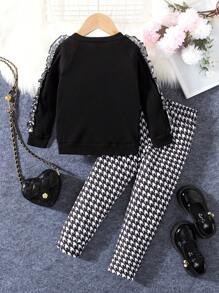 2pcs/Set Young Girl Casual Heart Print Frill Trim Long Sleeve Top And Straight Leg Pants Set, Suitable For Spring And Autumn - Black and White - View 2
