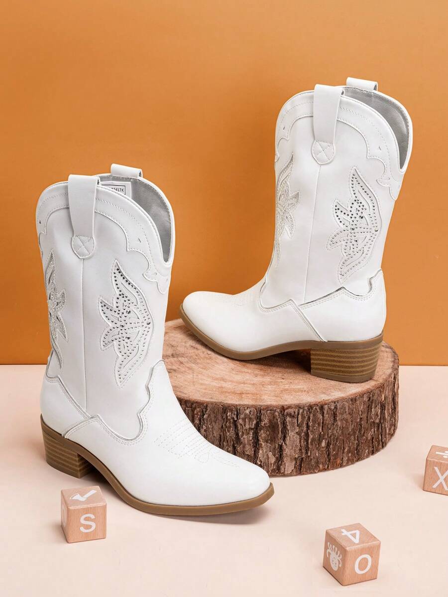 Girls Cowboy Boots, Western Style Mid Calf Boots With Fashion Embroidery - trắng - Xem 1