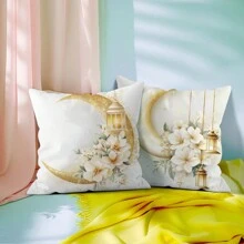 4 Stücke Ramadan Sichelmond & Blumen bedruckte einseitige Kissenbezüge