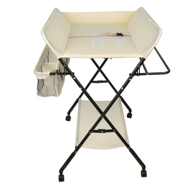 Cambiador portátil con ruedas, plegable y regulable en altura, incluye cinturón de seguridad y opciones de almacenamiento, cambiador que ahorra espacio