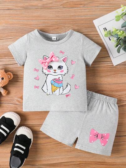 Baby Girl Summer Cute Cat & Bow Print Round Neck Short Sleeve Shorts Set