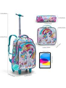 BLING BABIES Set de 3 piezas: Mochila con ruedas para niñas, diseño de unicornio de dibujos animados con lentejuelas, con lonchera y estuche de lápices - Verde, adecuado para el transporte diario - Verde - Ver 3
