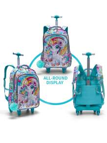 BLING BABIES Set de 3 piezas: Mochila con ruedas para niñas, diseño de unicornio de dibujos animados con lentejuelas, con lonchera y estuche de lápices - Verde, adecuado para el transporte diario - Verde - Ver 5