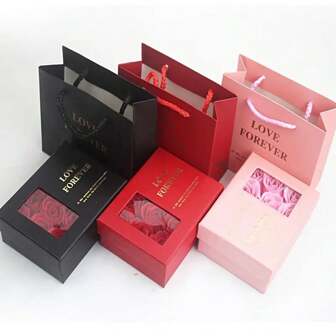 Set de regalo con caja de 6 ramos de rosas "Amor para siempre" (tema mariposa), con estuche de joyería de papel en rojo, negro y rosa, adecuado para el Día de San Valentín, Año Nuevo, regreso a clases
