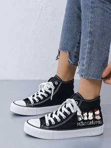 Women's Creative Christmas Cat Print Canvas Sneakers, Round Toe Flat Casual Shoes, Comfortable Black Fabric Shoes For Daily Wear