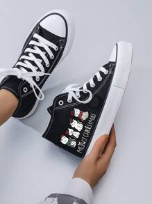 Women's Creative Christmas Cat Print Canvas Sneakers, Round Toe Flat Casual Shoes, Comfortable Black Fabric Shoes For Daily Wear