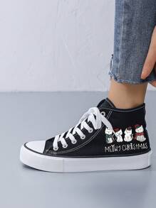 Women's Creative Christmas Cat Print Canvas Sneakers, Round Toe Flat Casual Shoes, Comfortable Black Fabric Shoes For Daily Wear