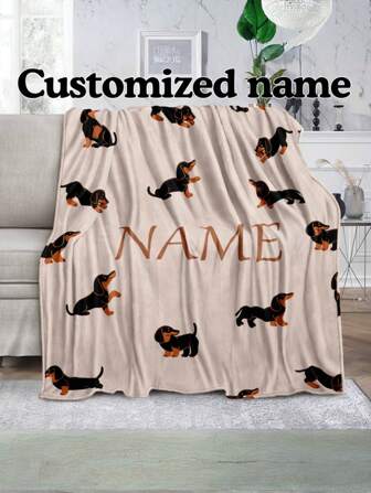 1pc Customized Name Dachshund Fleece Blanket, Unisex, Soft Plush Throw For Girls, Boys, Teens, Adults, Christmas Gift, All-Season, Reversible, Machine Washable, Contemporary Style, Digital Print, Superfine Fiber Cover, 260-300g Square