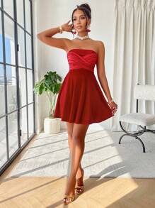 AIJ Amarilo 女式性感红色抹胸 A 字迷你天鹅绒连衣裙，后背缎带蝴蝶结装饰，适合舞会、婚纱、派对 - 紅色 - 查看 6