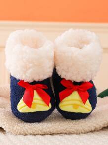 1 par de calcetines gruesos de pelusa media de bebé, diseño de campana navideña, calcetines de invierno, calcetines navideños, forro térmico, suela antideslizante, adecuado para Navidad, Año Nuevo, Acción de Gracias - Azul Marino - Ver 1