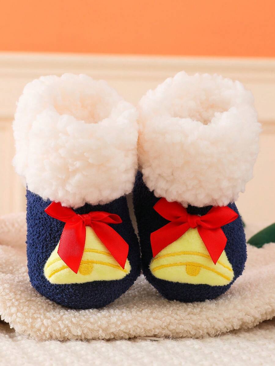 1 par de calcetines gruesos de pelusa media de bebé, diseño de campana navideña, calcetines de invierno, calcetines navideños, forro térmico, suela antideslizante, adecuado para Navidad, Año Nuevo, Acción de Gracias - Azul Marino - Ver 1