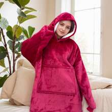 1pc Wearable Fleece Blanket With Sleeves, Hooded Sweatshirt Design, Giant Hoodie With Extra Large Pockets, Adult Size - 3 Entrance Pockets On Left, Right And Top - Burgundy - View 3
