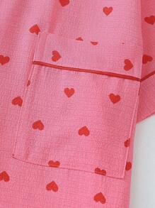 2 Pieces Women Heart Printed Short Sleeve Button Shirt Top And Shorts Sleepwear Set, Summer Casual Loungewear,Two Pieces Set