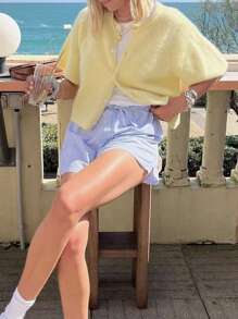 Women Y2K Solid Color Cardigan Short Sleeve Round Neck Button Down Sweater Knit Crop Tops For Spring Summer - Màu vàng - Xem 4