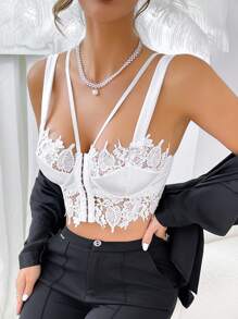 1pc French Romantic Sexy Lace Hollow Out Bustier Top, Wearable As Outerwear Or Innerwear, Women's Crop Top - White - View 5