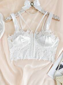 1pc French Romantic Sexy Lace Hollow Out Bustier Top, Wearable As Outerwear Or Innerwear, Women's Crop Top - White - View 6