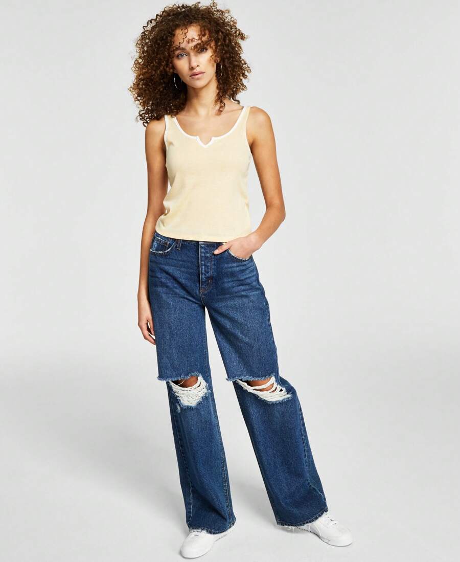 Juniors' Notch-Front Tank Top - Tan - View 1