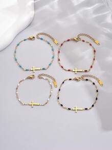 LIEBEIRIS 1pc 18K Gold Plated Simple Cross Decor Bracelet, Suitable For Daily Wear And Gift For Women - Cross - View 2