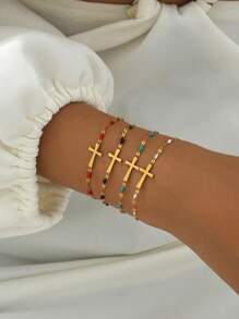 LIEBEIRIS 1pc 18K Gold Plated Simple Cross Decor Bracelet, Suitable For Daily Wear And Gift For Women - Cross - View 4
