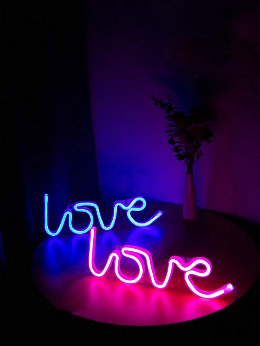 1个LOVE造型霓虹灯,粉色、红色、蓝色多色灯光,LED氛围灯,房间装饰独特灯,床头/桌面创意摆件,装饰氛围灯 - 彩色 - 查看 1