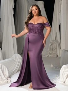 Faeriesty Vestido de fiesta formal con parte superior de corsé con lentejuelas con hombros descubiertos, abertura en el muslo, para boda, invitado de boda, vestido de noche - Morado - Ver 6