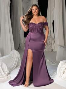 Faeriesty Vestido de fiesta formal con parte superior de corsé con lentejuelas con hombros descubiertos, abertura en el muslo, para boda, invitado de boda, vestido de noche - Morado - Ver 4