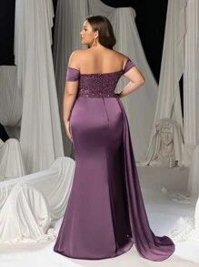 Faeriesty Vestido de fiesta formal con parte superior de corsé con lentejuelas con hombros descubiertos, abertura en el muslo, para boda, invitado de boda, vestido de noche - Morado - Ver 2