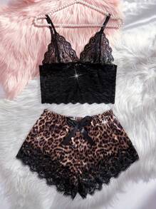 2 Pcs New Women's Sexy Lingerie Set Model Color Block Leopard Print Contrast Lace Lingerie Set Intimates Bra & Shorts Carnival Party Outfits Valentine's Day Surprise Gifts Elegant And Refined - Leopard - View 4