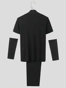 INCERUN Fashion Mens Cowl Neck Short Sleeve Asymmetrical Hem Shirt Solid Pullover Tops Party Club Slim Fit T-Shirt - 黑色 - 查看 4