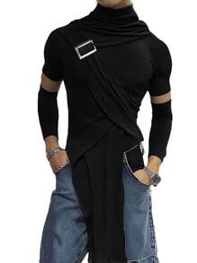 INCERUN Fashion Mens Cowl Neck Short Sleeve Asymmetrical Hem Shirt Solid Pullover Tops Party Club Slim Fit T-Shirt - 黑色 - 查看 2