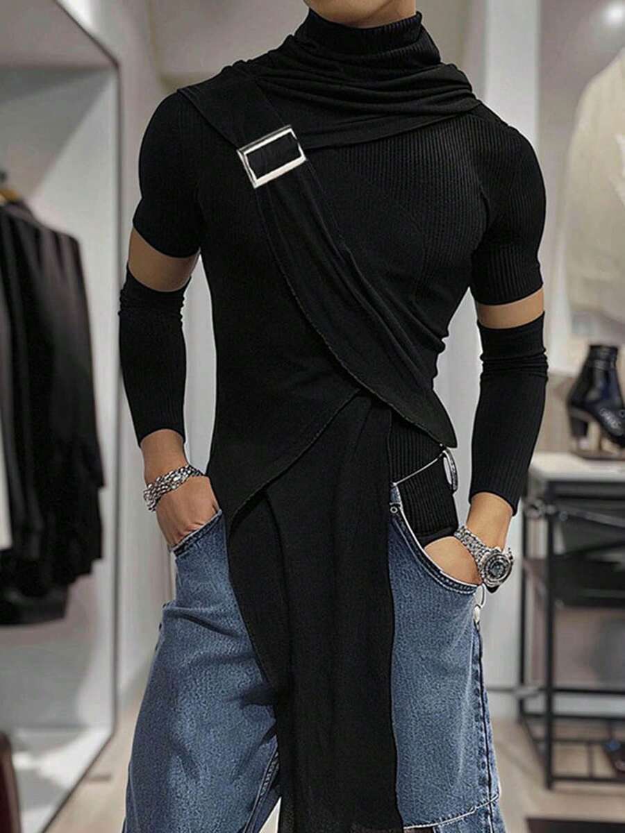 INCERUN Fashion Mens Cowl Neck Short Sleeve Asymmetrical Hem Shirt Solid Pullover Tops Party Club Slim Fit T-Shirt - 黑色 - 查看 1