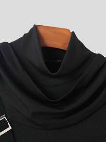 INCERUN Fashion Mens Cowl Neck Short Sleeve Asymmetrical Hem Shirt Solid Pullover Tops Party Club Slim Fit T-Shirt - 黑色 - 查看 5