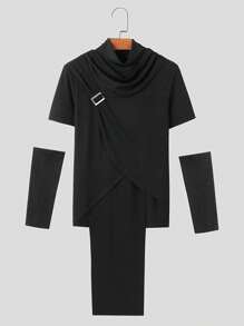 INCERUN Fashion Mens Cowl Neck Short Sleeve Asymmetrical Hem Shirt Solid Pullover Tops Party Club Slim Fit T-Shirt - 黑色 - 查看 3