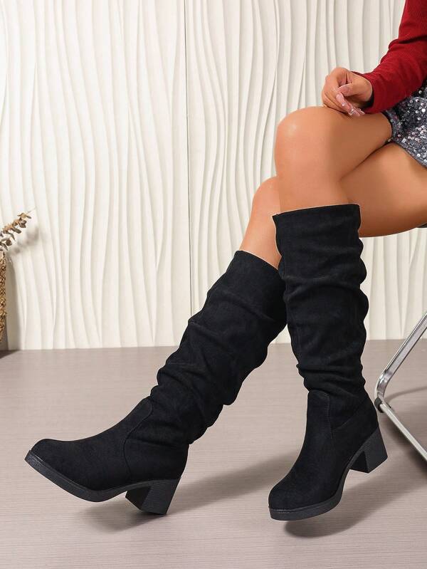Botas de media pantorrilla de plataforma gruesa y tacón en cuña con puntera redonda - Botas altas de cuña, versátiles para combinar con leggings, pantalones casuales, pantis, vestidos, shorts, outfits diarios y de fiesta, Día de San Valentín, fiestas elegantes, cómodas, para exteriores, antideslizantes, combinables, negro, de slip-on