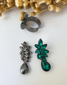 Emerald Green Navy Blue Fuchsia Party Earring And Ring - 綠色與縟瑪瑙 - 查看 3
