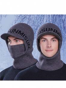 1pc Men's Autumn/Winter Letter Cycling Neck Warmer & Beanie Set, Casual Windproof Knitted Embroidered Ski Hat