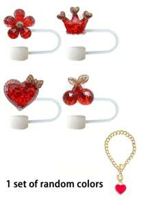 2/8 件/1 套/4 套红水晶吸管盖 + 吊坠、皇冠、樱桃、心形、花形吸管盖，适用于玻璃杯盖，适用于 30&40 盎司玻璃杯，10 毫米硅胶吸管盖，可重复使用吸管盖，防尘吸管盖，简易吸管头盖，杯子配件 - 紅色水晶吸管帽+吊墜 - 查看 12